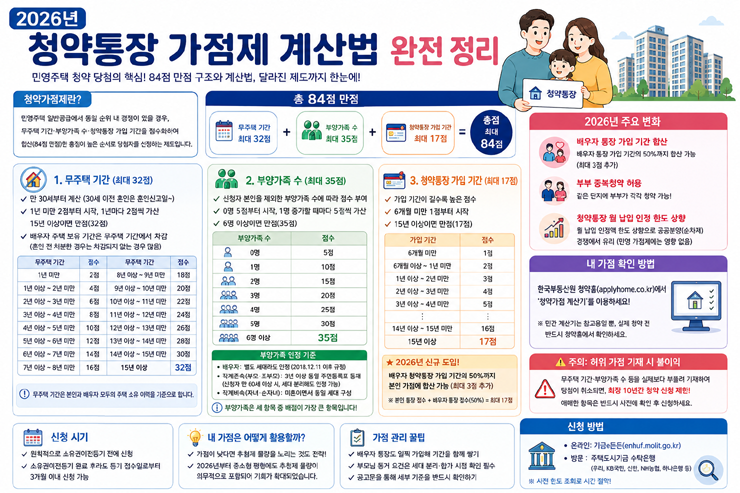 2026년 청약통장 가점제 계산법 완전 정리 — 84점 만점, 나는 몇 점?